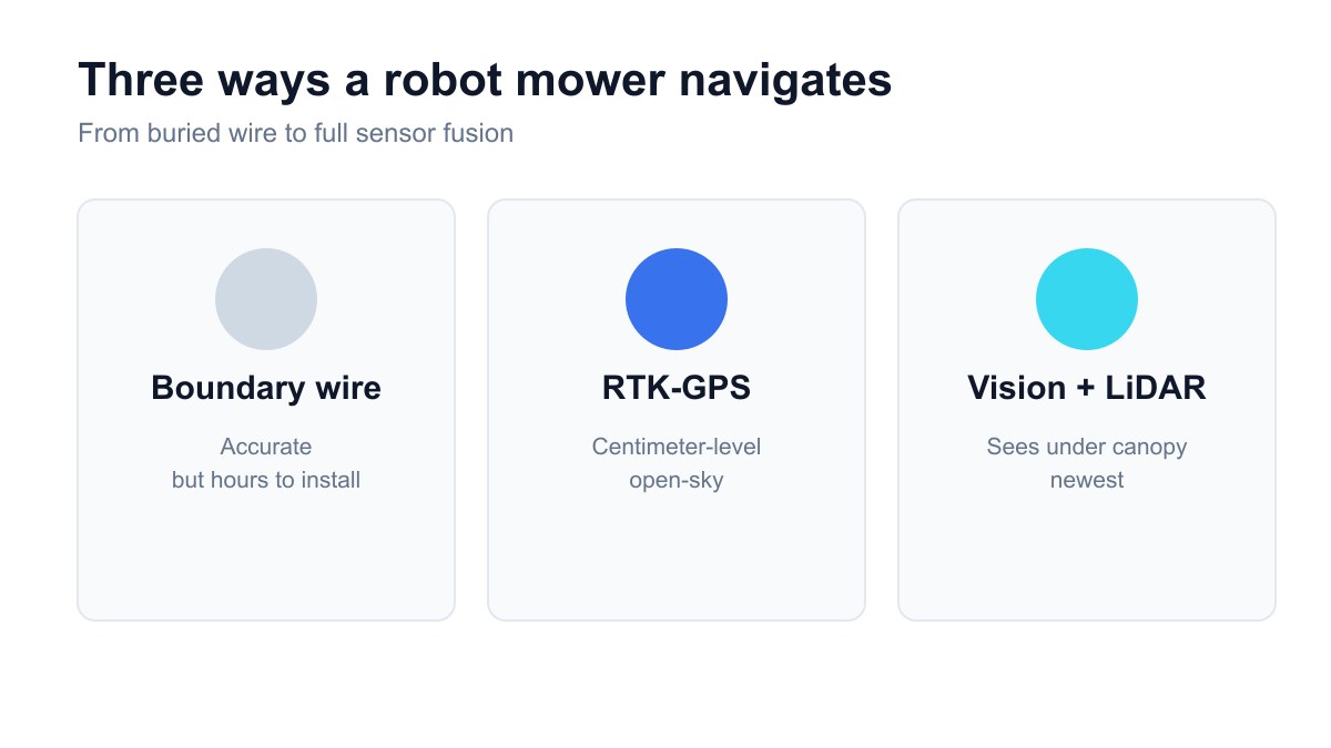 Boundary wire, RTK-GPS, and vision/LiDAR compared