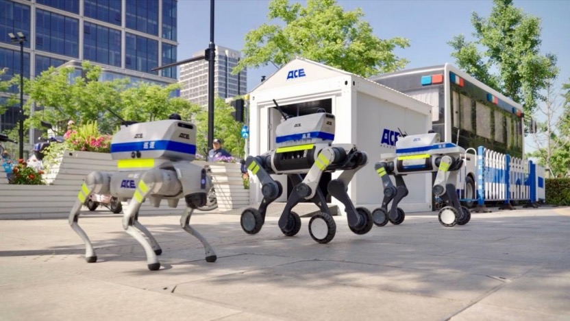 Robot dogs patrolling an urban district with an autonomous charging dock